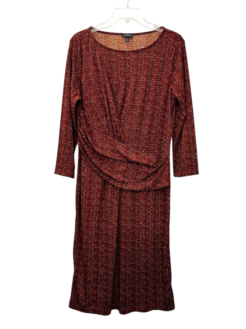 Talbots Dress Burnt Orange Printed Round Neckline Sleeves Faux Wrap Drape Large